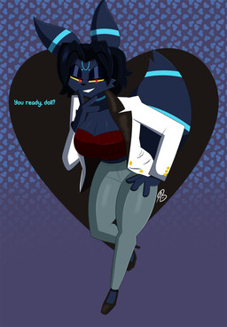 anthro big_breasts big_tail breasts clothing female flirting_look footwear glowing glowing_eyes hair high_heels holidays jacket seductive shoes short_hair smile smiling_at_viewer solo tail topwear aurabutt nintendo pokemon valentine's_day zee_(aurabutt) eeveelution generation_2_pokemon pokemon_(species) shiny_pokemon umbreon absurd_res hi_res