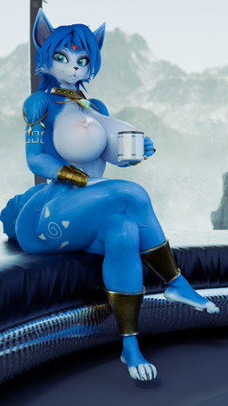 4_toes anthro areola big_breasts blue_body blue_eyes blue_fur blue_hair breasts choker claws container cup feet female fur hair holding_container holding_cup holding_mug holding_object jewelry mostly_nude mug necklace nipples nude pawpads solo tail tattoo thick_thighs toe_claws toes furry_ghosty warfaremachine_(modeler) nintendo star_fox krystal_(star_fox) warfare_krystal canid canine fox mammal 3d_(artwork) 4k 9:16 absurd_res digital_media_(artwork) full-length_portrait hi_res portrait