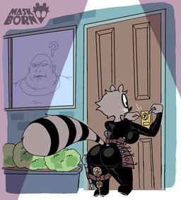 anthro big_breasts big_butt black_clothing bodily_fluids bodysuit boots breasts building burglar burglary butt clothed clothing confuse door duo female female_anthro femme_fatale footwear fur high_heeled_boots high_heels house lock lockpick lockpicking lockpicking_tools male markings overweight overweight_male pouch_(clothing) raccoon_tail shocked shoes simple_background skinsuit solo stripes sweat tail tail_markings thief tight_clothing diegutan uva_the_raccoon human mammal procyonid raccoon hi_res