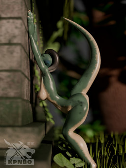 against_surface against_wall anthro arched_back breasts butt female forest green_body horn jungle nipples nude plant raised_tail side_view solo tail tree kpnbo mythology dragon mythological_creature mythological_scalie scalie 3:4 3d_(artwork) digital_media_(artwork) hi_res