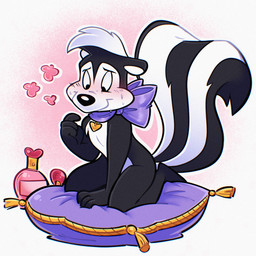anthro big_tail black_body black_fur blush bow_accessory bow_collar collar collar_only collar_tag fur hair kneeling looking_down looking_down_at_self male markings neck_bow nude on_pillow perfume pillow smile solo striped_markings striped_tail stripes tail tail_markings white_body white_fur jusrhkuhoh looney_tunes warner_brothers pepe_le_pew mammal mephitid skunk 1:1 hi_res