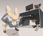 3_toes anthro balls_outline barefoot bent_over big_breasts big_butt black_clothing black_ears black_eyebrows black_eyes black_footwear black_nose black_shoes blue_clothing blue_dress bodily_fluids breasts brown_body brown_countershading brown_fur bulge butt cleavage clothed clothing computer countershading cute_fangs desk detailed_bulge dipstick_tail dress duo electronics erection eyebrows eyelashes fangs feet female footwear freckles fur furniture genital_outline huge_thighs long_ears male markings nipple_outline pencil_(object) penis_outline shoes sweat sweatdrop table tail tail_markings tan_body tan_ears tan_fur tan_tail teeth tenting thick_thighs toes two_tone_tail white_eyes white_inner_ear white_tail kryadrawgin aggretsuko sanrio fenneko haida_(aggretsuko) canid canine fennec_fox fox hyena mammal true_fox absurd_res hi_res