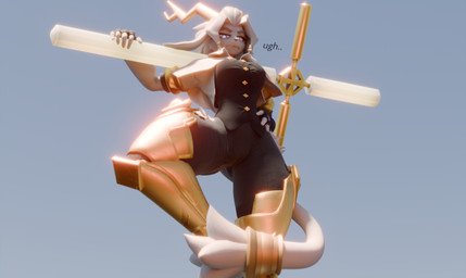 5_fingers anthro antlers big_breasts big_ears black_clothing black_legwear black_topwear black_vest blue_eyes breasts clothed clothing collared_shirt cuisse disgust disgusted_face dream_breaker_(pseudoregalia) dress_shirt eyebrows eyelashes female fingers floppy_ears fur grey_body grey_fur grey_hair grey_nose hair holding_melee_weapon holding_object holding_weapon horn inside jewelry legwear long_ears looking_at_viewer low-angle_view melee_weapon pupils shirt snout solo tail thick_eyebrows thick_thighs topwear vest weapon white_pupils wide_hips yellow_antlers yellow_horn antseyeball warfaremachine_(modeler) pseudoregalia sybil_(pseudoregalia) bovid caprine goat hybrid jackalope lagomorph leporid mammal rabbit 3d_(artwork) absurd_res digital_media_(artwork) hi_res huge_filesize