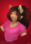 anthro brown_hair clothing fur hair male pink_clothing pink_shirt pink_t-shirt pink_topwear red_background red_eyes shirt simple_background smile solo t-shirt tan_body tan_fur text topwear whiskers synnfultiger felid mammal 2021 absurd_res half-length_portrait hi_res portrait url