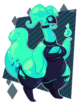 2_fingers 3_toes alternate_species antennae_(anatomy) anthro belly big_breasts breasts choker cleavage clothed clothing curled_tail eyelashes feet female fingers freckles green_body jewelry legwear leotard long_neck mask necklace smile solo standing stockings tail thick_tail thick_thighs thigh_highs toes torn_clothing white_eyes glimglam nintendo pokemon inka_(welwraith) generation_6_pokemon ghost goodra pokemon_(species) spirit 2021 3:4 absurd_res full-length_portrait hi_res portrait