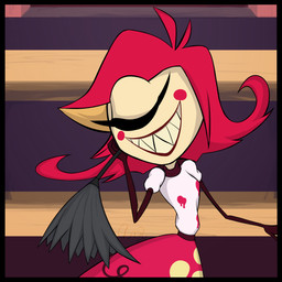 1_eye black_border border bottomwear cleaning_tool clothing eyes_closed feather_duster female hair not_furry red_hair sharp_teeth skirt smile solo teeth clone26 hazbin_hotel hellaverse niffty_(hazbin_hotel) cyclops demon humanoid 1:1 hi_res