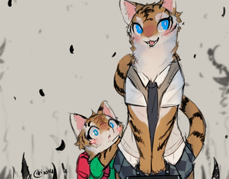 ambiguous_gender backpack blue_eyes blush bottomwear brown_body brown_fur clothed clothing duo fangs fur grey_background looking_at_viewer open_mouth open_smile shirt simple_background skirt smile stripes teeth tongue topwear young liki felid feline mammal 2014 signature