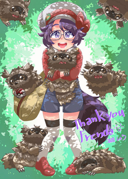 bag black_nose blush bottomwear brown_body brown_fur carrying_another clothing eyes_closed eyewear feral fur glasses group hat headgear headwear hug lying pokeball shirt shorts text topwear umikazenet3 nintendo pokemon lyra_(pokemon) animal_humanoid generation_3_pokemon humanoid mammal mammal_humanoid pokemon_(species) procyonid procyonid_humanoid raccoon_humanoid zigzagoon 2022 hi_res