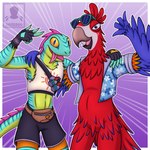 anthro beak border clothed clothing duo feathers gloves green_body handwear male scales simple_background smile tail tongue tongue_out white_border darkmaro_(artist) epic_games fortnite lizzik_(fortnite) paulie_featherface avian bird parrot reptile scalie 1:1 digital_media_(artwork) hi_res