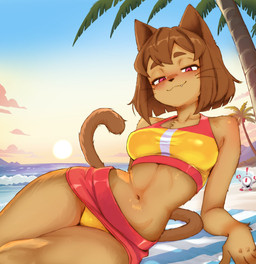anthro beach bikini breasts brown_hair brown_tail clothing cute_fangs fangs female hair half-closed_eyes looking_at_viewer lying midriff narrowed_eyes navel on_side outside palm_tree plant pose sea seaside sky snaggle_tooth solo sun sunset swimwear tail teeth tree tropical two-piece_swimsuit water whiskers pennylessmac gameoverse glitch_productions kit_bodega domestic_cat felid feline felis mammal hi_res pinup