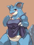 anthro apron apron_lift apron_only blue_body breasts claws clothed clothing clothing_lift eyelashes female horn mostly_nude smile solo tail thick_thighs bigoyatsu nintendo pokemon generation_1_pokemon nidoqueen pokemon_(species) absurd_res hi_res