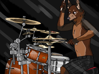 anthro brown_body brown_fur drum drum_set fur looking_away male multicolored_body multicolored_fur musical_instrument percussion_instrument side_view simple_background sitting solo greyscaledawg canid canine mammal 4:3 digital_media_(artwork) hi_res