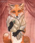 ambiguous_gender feral fur green_eyes human_skin macabre reverse_furry satire shawl skinsecution solo stole tail text yellow_eyes tiina_purin canid canine fox mammal red_fox true_fox 2006 orange_theme url warm_colors