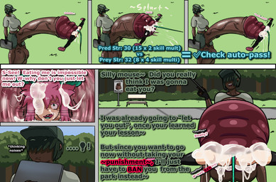 blackmail bodily_fluids bottomwear clothing cock_vore cum dark_body dark_skin dialogue duo excessive_cum excessive_genital_fluids femboy fingerless_gloves forced genital_fluids genitals gloves green_bottomwear green_clothing green_hat green_headwear green_shorts gynomorph gynomorph_pred hair handwear hat headgear headwear herm human_pred humanoid_genitalia humanoid_penis hyper internal intersex intersex/male intersex_pred male outside penile penis pink_hair shirt shorts tablet text topwear unwilling_prey vore white_clothing white_shirt white_topwear mawgapen maw_(mawgapen) park_(mawgapen) animal_humanoid human humanoid mammal mammal_humanoid mouse_humanoid murid murid_humanoid murine murine_humanoid rodent rodent_humanoid comic english_text hi_res