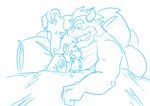 bed cuddling duo facial_hair furniture horn intimate male male/male mustache pillow size_difference toony watmeedraw mario_bros nintendo bowser luigi human koopa mammal scalie hi_res