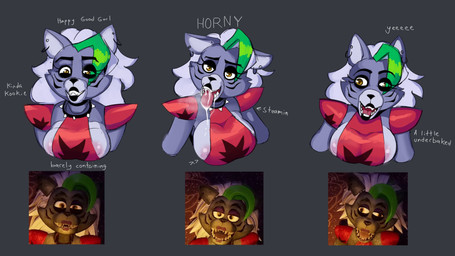 anthro areola areola_slip barely_contained barely_contained_breasts big_breasts black_lipstick bodily_fluids breasts cheek_tuft clothing collar derp_eyes dripping ear_piercing ears_down eyelashes facial_markings facial_tuft female front_view fur green_highlights grey_background grey_body grey_fur grey_hair hair head_markings highlights_(coloring) lipstick long_hair machine makeup markings nipple_slip open_mouth piercing pink_areola pivoted_ears red_clothing red_topwear saliva saliva_drip shoulder_pads side_boob simple_background smile solo spiked_collar spikes text tongue tongue_out topwear tuft yellow_eyes zhenai five_nights_at_freddy's five_nights_at_freddy's:_security_breach scottgames steel_wool_studios roxanne_wolf animatronic canid canine canis mammal robot wolf 2023 digital_media_(artwork) english_text expression_sheet hi_res reference_image