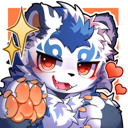 4_fingers anthro biped black_nose blue_body blue_fur blue_markings blush blush_lines border chest_tuft chibi fangs fingers fur heart_symbol kemono looking_at_viewer male markings multicolored_body multicolored_fur neck_tuft open_mouth open_smile orange_background pawpads paws red_eyes simple_background smile smiling_at_viewer solo sparkles teeth tuft white_body white_border white_fur hlg7777 333santuchuan felid mammal pantherine tiger 1:1 2025 bust_portrait chinese_description digital_drawing_(artwork) digital_media_(artwork) hi_res icon portrait shaded translated_description