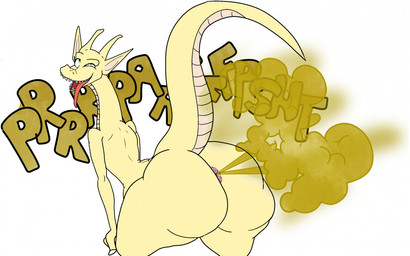 anthro anus bent_over big_butt biped butt enjoying_farting fart fart_cloud fart_fetish female hand_on_leg huge_butt long_tongue narrowed_eyes nude onomatopoeia open_mouth open_smile pink_anus raised_tail rear_view relieved scales sharp_teeth simple_background smile solo sound_effects tail teeth text thick_thighs tongue tongue_out white_background yellow_body yellow_fart_cloud existimatio third-party_edit aeie_(colorist) mythology raya_gygax dragon mythological_creature mythological_scalie scalie 16:10 2021 color_edit colored digital_media_(artwork) widescreen