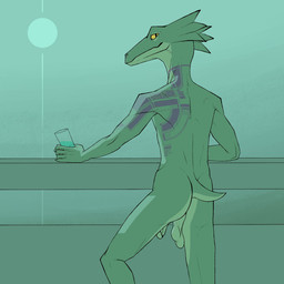 anthro backsack balls beverage butt frill_(anatomy) genitals green_balls green_body green_penis green_tail holding_beverage holding_object looking_at_viewer male nude penis saggy_balls simple_background snout solo tail tattoo uneven_balls yellow_eyes bullchicken lizard reptile scalie 1:1 2024 colored digital_drawing_(artwork) digital_media_(artwork) hi_res portrait shaded three-quarter_portrait