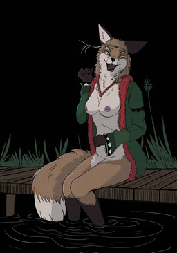 4_eyes anthro breasts chest_tuft dipstick_tail female fluffy headdress heterochromia jewelry looking_at_viewer markings multi_eye necklace nipples sitting solo tail tail_markings tuft water garbagegarage four-eyes_(garbagegarage) canid canine fox mammal red_fox true_fox hi_res