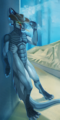 4_toes anthro claws clothing cowboy_hat desert feet fin glowing glowing_eyes grin hat headgear headwear horn looking_at_viewer male membrane_(anatomy) ominous open_mouth outside paws pose posing_for_picture road smile solo standing toes webbed_feet trappedkeys mythology tonovar_(character) aquatic aquatic_dragon dragon mythological_creature mythological_scalie scalie 6:13 hi_res portrait