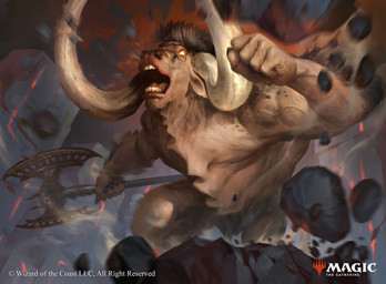 5_fingers angry anthro axe brown_body brown_fur destruction fingers fist fur glowing glowing_eyes holding_axe holding_object horn male muscular muscular_male open_mouth solo text narendra_bintara_adi european_mythology greek_mythology hasbro magic:_the_gathering mythology wizards_of_the_coast bovid bovine mammal minotaur absurd_res english_text hi_res official_art