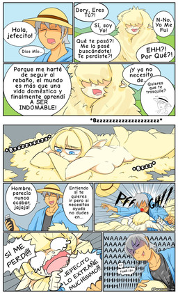 :3 blue_eyes bodily_fluids breast_squish breasts butt clothing crying dialogue duo empty_eyes female female_focus female_humanoid fur grey_hair hair hat headgear headwear holding_object humanoid_focus humanoid_pointy_ears lying male male_human medium_breasts on_front open_:3 open_mouth pointy_ears sad screaming sheared shearing smile squish straw_hat tail tears text yellow_body yellow_fur perezoso_draw animal_humanoid bovid bovid_humanoid caprine caprine_humanoid human humanoid mammal mammal_humanoid sheep_humanoid comic hi_res spanish_text translated