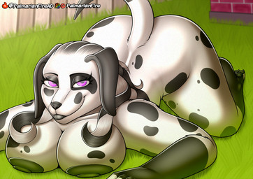 anthro black_nipples breasts dalmarian dark_nipples female lips markings nipples purple_eyes solo spots spotted_body thick_bottom_lip palmarianfire canid canine canis dalmatian domestic_dog mammal hi_res