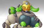 areola big_breasts blush bodily_fluids breasts female hand_on_breast horn huge_breasts lactating machine metal metallic_body milk multicolored_body nipples solo thiccrobots blizzard_entertainment overwatch orisa_(overwatch) omnic robot taur hi_res