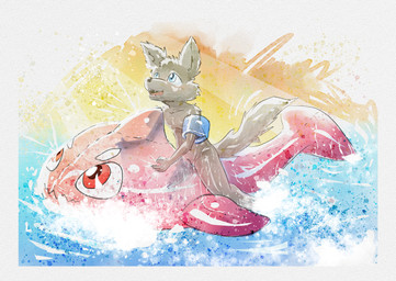 anthro balls blue_eyes blush foreskin fur genitals grey_body grey_fur happy humanoid_genitalia humanoid_penis inflatable inflatable_armbands inflatable_toy male nude open_mouth penis pool_float small_balls small_penis solo water young young_anthro young_male dakkawoof dakka canid canine canis mammal wolf 2019