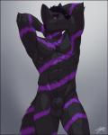 abs animal_genitalia anthro athletic balls biceps black_body black_fur chest_tuft fully_sheathed fur genitals highlights_(coloring) male muscular muscular_anthro nude pecs purple_eyes purple_highlights sheath solo stripes tuft feralise maelstrom_flashheart canid canine canis mammal wolf