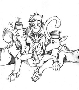 anthro anus balls bottomless bottomless_anthro bottomless_male clothed clothing erection genitals group group_sex happy hat headgear headwear heart_symbol horn humanoid_genitalia humanoid_penis interspecies looking_at_another looking_at_genitalia looking_at_partner looking_at_penis male male/male open_mouth open_smile pantsless penis presenting presenting_balls presenting_penis proboscis_(anatomy) sex shirt shirt_only simple_background smile spread_legs spreading tail threesome topwear topwear_only trio trunk_(anatomy) white_background arody camp_lazlo cartoon_network clam_(camp_lazlo) lazlo_(camp_lazlo) raj_(camp_lazlo) atelid elephant elephantid haplorhine mammal monkey new_world_monkey primate proboscidean rhinoceros spider_monkey black_and_white monochrome
