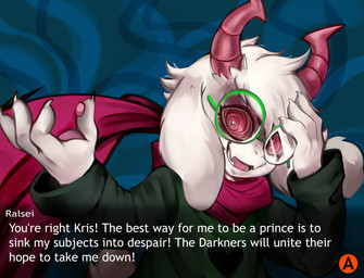 2_horns 4_fingers abstract_background anthro clothing dialogue eyewear fingers floppy_ears fur glasses green_clothing green_robe horn male open_mouth open_smile red_eyes robe round_glasses smile solo teeth text wearing_glasses white_body white_fur psibunny danganronpa deltarune spike_chunsoft undertale_(series) ralsei bovid caprine goat mammal 2025 english_text hi_res