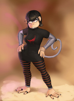 accessory anthro black_bottomwear black_clothing black_eyeshadow black_fingernails black_hair black_nails black_shirt black_skirt black_t-shirt black_toenails black_topwear bottomwear breasts clothed clothing colored_nails cosplay eyeshadow facial_piercing feet female female_anthro fingernails fully_clothed fur furgonomics grey_body grey_fur hair hands_on_hips leggings legwear lip_piercing lip_ring makeup nails piercing ring_piercing shirt skirt solo standing t-shirt tail tail_accessory toenails toes topwear redustheriotact hotel_transylvania beth_(redustheriotact) mavis_dracula haplorhine mammal monkey primate 2021 hi_res