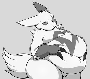 :< anthro arm_tuft belly belly_markings big_belly biped black_nose blush blush_lines claw_fingers claws crotch_tuft cute_fangs deep_navel fangs finger_claws fluffy fluffy_tail fur gloves_(marking) grey_background hand_on_belly holding_belly male male_anthro markings mismatched_ears monotone_tail multicolored_body multicolored_fur navel nude nude_anthro nude_male obese obese_anthro obese_male overweight overweight_anthro overweight_male pokemorph shoulder_tuft side_view simple_background snaggle_tooth solo standing tail teeth thick_thighs three-quarter_view tuft two_tone_body two_tone_fur white_body white_fur white_tail wide_hips maddybakery nintendo pokemon generation_3_pokemon mammal pokemon_(species) zangoose 2026 absurd_res digital_media_(artwork) greyscale hi_res monochrome shaded simple_shading
