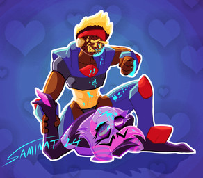 abs beaten_up beating blonde_hair blood blood_on_face blood_splatter bodily_fluids bruised bruised_eye consent duo female female/female fist glowing_blood gore hair machine masochism muscle_tone muscular nosebleed not_furry purple_body roughhousing unusual_blood unusual_bodily_fluids saminat knives_(squeakygears) tilly_(saminat) android humanoid monitor_head robot robot_humanoid hi_res