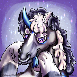 anthro black_body black_fur black_hair blue_horn blue_tongue ear_piercing ear_ring ear_tuft eyebrow_piercing eyelashes eyeshadow facial_hair facial_piercing fur goatee hair half-closed_eyes hand_on_chin hands_on_chin horn makeup male markings multicolored_hair narrowed_eyes nose_piercing nose_ring piercing puffy_hair purple_background purple_eyes ring_piercing simple_background smile solo sparkles sparkling_background sparkling_body spots spotted_body text tongue tongue_out tuft two_tone_hair white_body white_fur white_hair undergreysnest mythology chimera dragon equid equine felid horse lion mammal mythological_creature mythological_scalie pantherine scalie 1:1 2025 bust_portrait colored dated english_text portrait shaded signature watermark