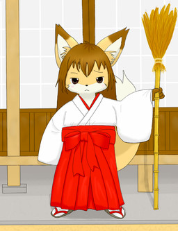 anthro asian_clothing brown_hair clothing countershade_face countershading dipstick_ears dipstick_tail ear_markings east_asian_clothing female hair japanese_clothing kemono long_hair markings miko_outfit multicolored_ears solo tail tail_markings young rare_(pixiv) 2009