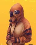 anthro black_nose brown_body brown_fur clothed clothing fangs female fur hoodie obscured_eyes orange_clothing orange_hoodie orange_topwear pattern_clothing pattern_hoodie pattern_topwear red_tongue simple_background solo striped_clothing striped_hoodie striped_topwear stripes tan_clothing tan_hoodie tan_topwear teeth tongue tongue_out topwear yellow_background lostgoose canid canine canis domestic_dog mammal 2022 4:5 dated half-length_portrait hi_res portrait signature