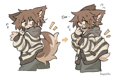 anthro bodily_fluids brown_eyes brown_hair clothed clothing embarrassed fully_clothed fur hair hoodie male pattern_clothing pattern_topwear simple_background solo standing striped_clothing striped_topwear stripes sweat sweatdrop tail_under_clothing tan_body tan_fur topwear white_background kopeni_ko mythology canid canine mammal mythological_canine mythological_creature werecanid werecanine werecreature werewolf colored pictographics