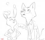 anthro buckteeth clothed clothing dialogue duo egg female fur half-closed_eyes hand_on_hip male narrowed_eyes speech_bubble teeth text trick boreoboros disney zootopia judy_hopps nick_wilde canid canine fox lagomorph leporid mammal rabbit red_fox true_fox english_text monochrome signature