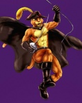 abs anthro belt boots cape clothed clothing footwear fur hat headgear headwear loose_feather male melee_weapon nipples orange_body orange_fur purple_background rapier shoes simple_background solo swinging sword topless weapon yellow_body yellow_eyes yellow_fur bleakcat dreamworks puss_in_boots_(franchise) shrek_(series) puss_in_boots_(dreamworks) domestic_cat felid feline felis mammal