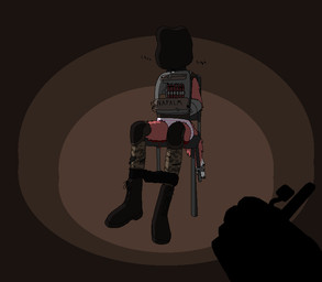 ambiguous_gender anthro arms_tied bag_over_head bdsm black_body black_fur blood bodily_fluids bomb bondage boots bottomwear bottomwear_down bound camo chair clothed clothing detonator distressed explosives first_person_view footwear fur furniture gagged_talk knee_highs knee_pads knee_socks legwear napalm on_chair panties pants pants_around_ankles pants_down partially_clothed peril pink_clothing pink_panties pink_underwear pov_hands red_body red_fur shoes simple_background socks solo stockings suicide_bomber suicide_vest tail tail_tied tape tape_bondage text torn_clothing torn_legwear torn_stockings underwear white_body white_fur foxdance canid canine fox mammal english_text shaded simple_shading