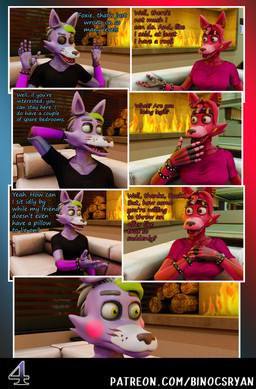 accessory anthro blue_clothing blush clothed clothing crossgender dialogue duo ear_piercing female fingers fire fireplace ftm_crossgender gradient_background green_hair hair headband laugh machine male male/female mtf_crossgender open_mouth piercing shirt_knot shocked simple_background text binocszoomx10 disembowell_(modeler) red-eye_(modeler) five_nights_at_freddy's five_nights_at_freddy's:_security_breach scottgames steel_wool_studios fan_character fanmade_glamrock_foxy_(fnaf) glamrock_foxy_(fnaf) roxanne_wolf animatronic canid canine fox mammal robot 3d_(artwork) comic digital_media_(artwork) english_text hi_res url