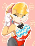 anthro big_breasts blonde_hair blue_eyes breasts brush cleavage clothed clothing egg female hair hi_res lagomorph leporid lola_bunny looking_at_viewer looney_tunes mammal paintbrush painting painting_body pink_nose rabbit scut_tail short_tail solo tail tongue tongue_out warner_brothers zebra10045