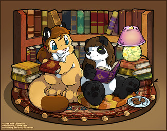 ambiguous_gender anthro black_nose blue_eyes book brown_hair chibi cookie dipstick_tail dog_tags duo food fur hair library markings multicolored_tail nude pink_nose tail tail_markings white_body white_fur yellow_body yellow_fur o-kemono bear cougar felid feline giant_panda mammal 2020 digital_drawing_(artwork) digital_media_(artwork)