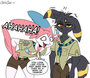 anthro black_body black_fur duo fur male scout_uniform text odeko-yma nintendo pokemon pokemon_mystery_dungeon spike_chunsoft lucky_(odeko-yma) canid canine eeveelution generation_2_pokemon generation_6_pokemon mammal pokemon_(species) sylveon umbreon absurd_res digital_media_(artwork) english_text hi_res
