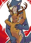 5_fingers age_difference anthro anthro_on_anthro antlers arm_around_arm brown_body brown_eyes brown_fur collarbone covering covering_crotch duo fingers frown fur grey_body grey_fur hand_on_chest hand_on_shoulder horn hug looking_at_viewer male male/male nude protective reach_around red_background scar simple_background size_difference standing stern toxoglossa beastars legoshi_(beastars) louis_(beastars) canid canine canis cervine deer mammal red_deer wolf 2020