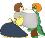 anthro belly big_belly big_breasts blush bodily_fluids bottomwear breasts brown_eyes brown_hair clothed clothing duo female fully_clothed green_body green_scales hair huge_breasts hyper hyper_breasts looking_at_another male male/female non-mammal_breasts obese obese_anthro obese_female open_mouth orange_hair overweight overweight_anthro overweight_female scales shirt short_hair shorts simple_background sweat tail thick_thighs topwear white_background yellow_body yellow_skin vdisco noffy walton_(vdisco) crocodile crocodilian crocodylid lizard nushi reptile scalie hi_res