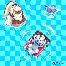 ahoge anthro blush checkered checkered_background ears_as_hair female fur group hair hair_over_eyes horn long_ears male optical_illusion pattern_background ponytail_ears pool_float simple_background smile swimming swimming_pool tentacles trio water white_body yellow_body yellow_fur gekkart bandai_namco digimon angoramon digimon_(species) gammamon jellymon mammal scalie 1:1 hi_res